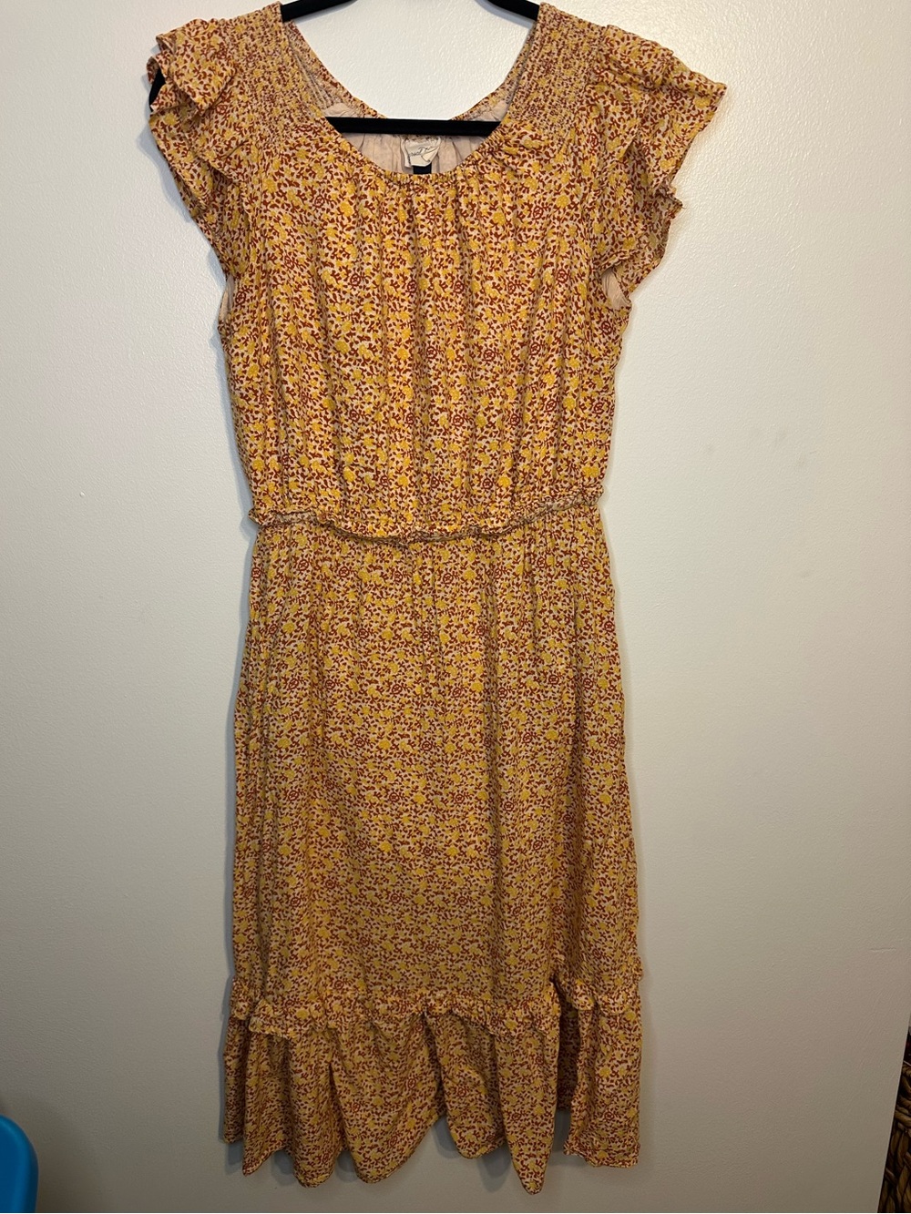 Universal Thread Yellow Floral Ruffle-Sleeve Midi Dress